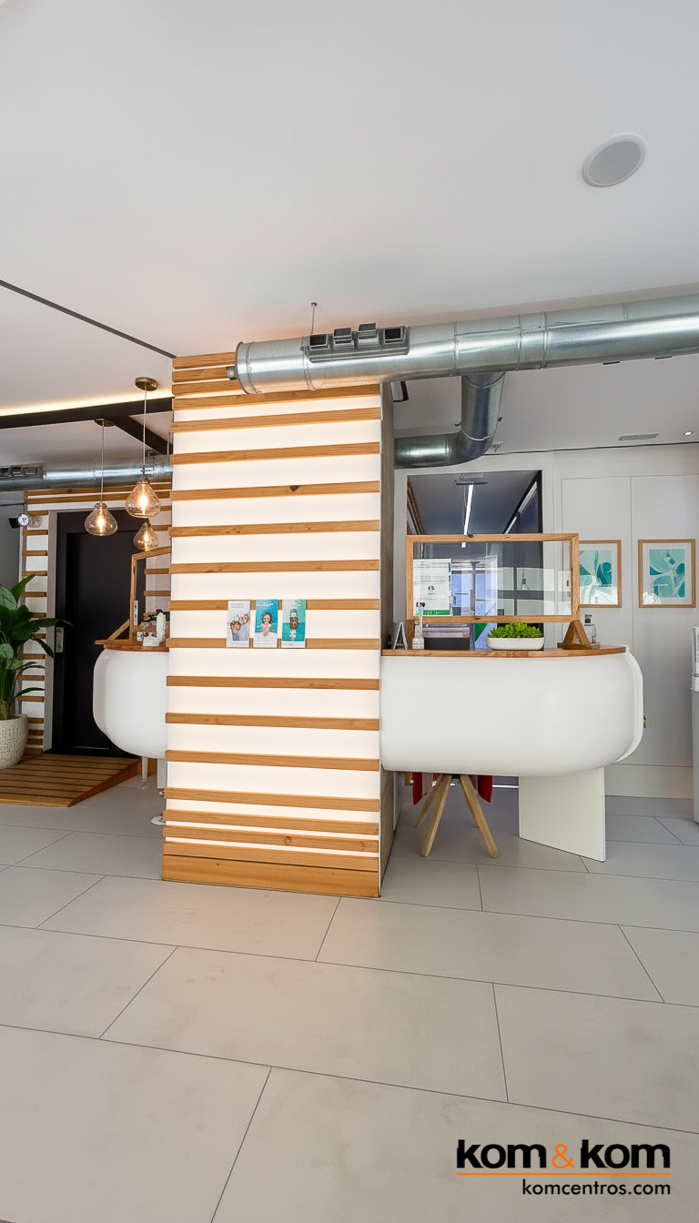 Mostrador curvo y abombado de recepción en clínica dental de Alicante, con iluminación sutil y paredes alistonadas de madera de inspiración nórdica.